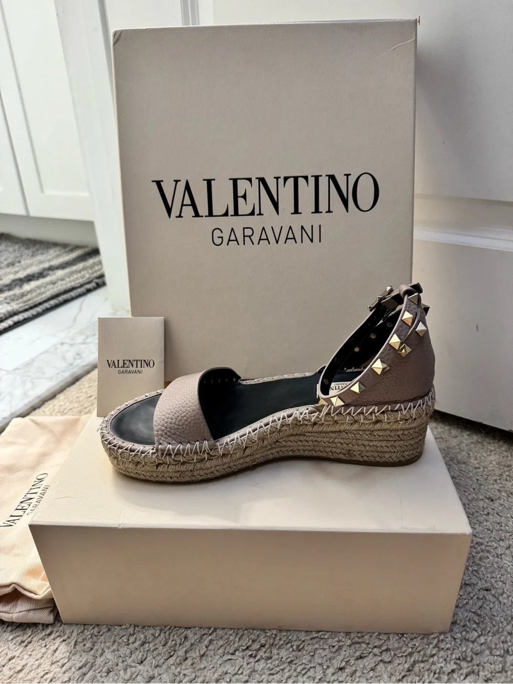 Valentino Garavani Taupe Leather Rockstud Espadrille Wedge